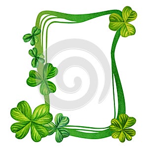 Watercolor vintage fantasy frame with hand drawn four leaf clover for St. Patrick's Day for good luck, for