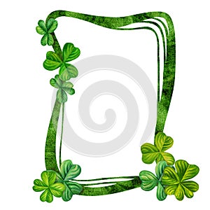 Watercolor vintage fantasy frame with hand drawn four leaf clover for St. Patrick's Day for good luck, for