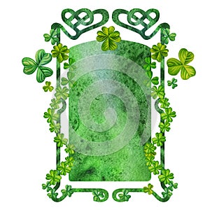 Watercolor vintage fantasy frame with hand drawn four leaf clover for St. Patrick's Day for good luck, for