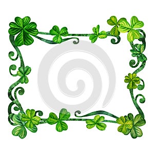 Watercolor vintage fantasy frame with hand drawn four leaf clover for St. Patrick's Day for good luck, for