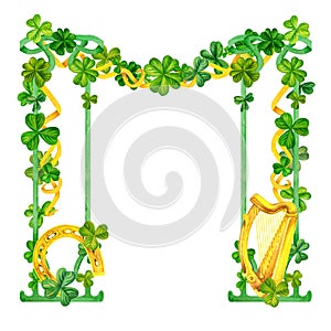 Watercolor vintage fantasy frame with hand drawn four leaf clover for St. Patrick's Day for good luck, for