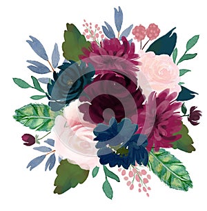 Watercolor vintage floral composition Pink and blue Floral Bouquet Flowers and Feathers