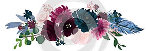 Watercolor vintage floral composition Pink and blue Floral Bouquet Flowers and Feathers