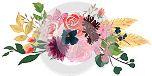Watercolor vintage floral composition Pink and blue Floral Bouquet Flowers and Feathers
