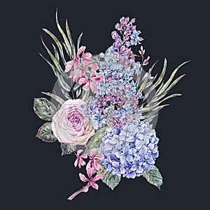 Watercolor vintage floral illustration with roses, lilac, blue hydrangea and wildflowers