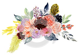 Watercolor vintage floral rose sunflower peony Gerbera and abstact flower or leaves composition Pink and navy and blue and marsala