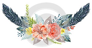 Watercolor vintage floral rose sunflower peony Gerbera and abstact flower or leaves composition Pink and navy and blue and marsala