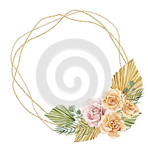 Watercolor vintage flowers and tropical floral, wildfloral wreath. Dried branches, rose, pampas graas, orhids, Tropical bohemian