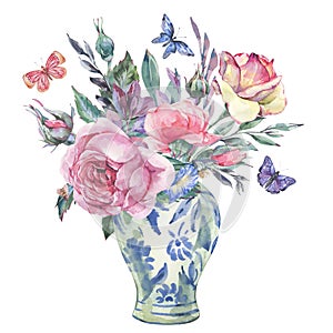 Watercolor vintage garden rose bouquet, Chinese blue vase illustration isolated on white