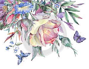 Watercolor vintage garden rose bouquet greeting card, botanica