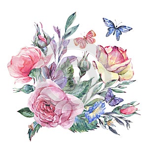 Watercolor vintage garden rose bouquet greeting card, botanical floral illustration