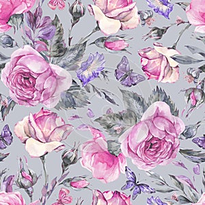 Watercolor vintage garden rose bouquet seamless pattern, botanical floral texture