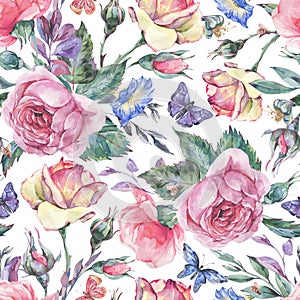 Watercolor vintage garden rose bouquet seamless pattern, botanical floral texture