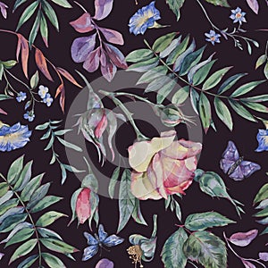 Watercolor vintage garden rose bouquet seamless pattern, botanical floral texture