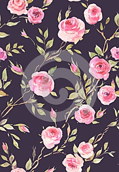 Watercolor vintage garden roses seamless pattern on black