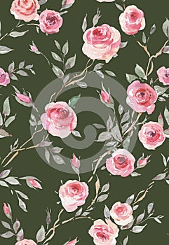 Watercolor vintage garden roses seamless pattern on green