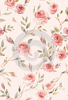 Watercolor vintage garden roses seamless pattern on pink