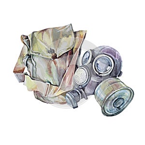 Watercolor vintage gas mask with bag isolated on white background. Military filter respirator for stalker, post