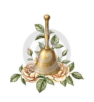 Watercolor vintage golden brass hand bell and roses