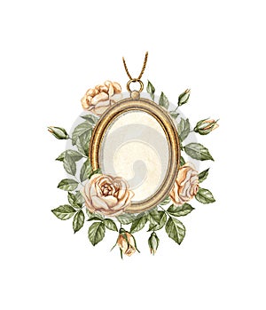 Watercolor vintage golden oval brooch and roses