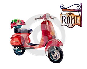 Watercolor Vintage Hippie travel scooter, isolated on white