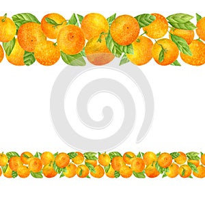 Watercolor vintage horizontal seamless border with juicy tangerines. Hand painted citrus orange fruits and green leaves isolated