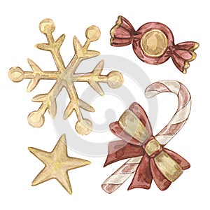 Watercolor vintage illustration with Christmas candy cane with red bow, golden snowflake and star. Isolated on white.