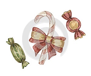 Watercolor vintage illustration with Christmas candy cane with red bow, red and green candies. Isolated on white.