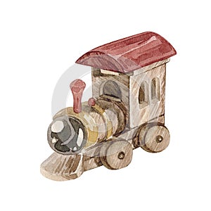 Watercolor vintage illustration with toy wooden steam locomotive. Train Isolated on white background.