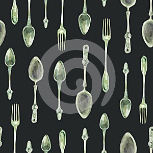 Watercolor vintage kitchen utensils seamless pattern. Silver spoons and forks on black background