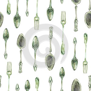 Watercolor vintage kitchen utensils seamless pattern. Silver spoons and forks on white background