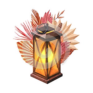 Watercolor vintage lamp lantern with candle with autumn leaves. Hand-drawn illustration isolated on white background