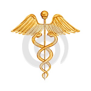 Watercolor vintage medical sign caduceus