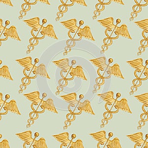 Watercolor vintage medical sign caduceus seamless pattern