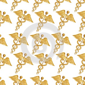 Watercolor vintage medical sign caduceus seamless pattern
