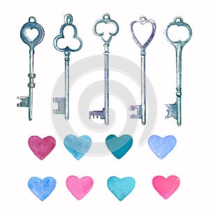 Watercolor vintage metal keys drawn by hands and pink, blue hearts