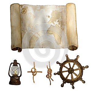 Watercolor vintage nautical old map with retro latern and knots and navigation circle hand drawn isolated on white. For