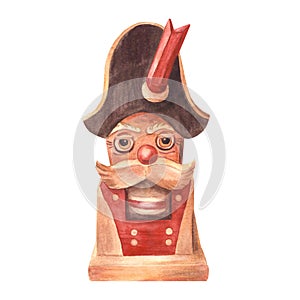 Watercolor Nutcracker, wooden toy soldier. German Christmas tree vintage toy hand drawn illustration