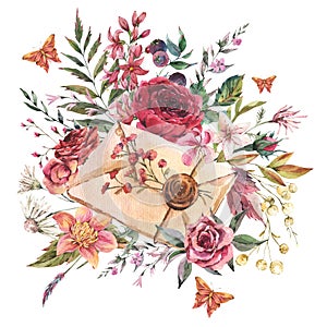 Watercolor vintage oldletter with flowers. Natural greeting card. Dark academia floral illustration