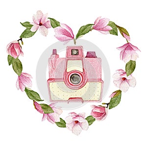 Watercolor vintage photo camera in magnolia heart isolated on white background