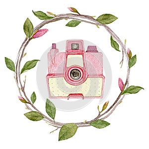 Watercolor vintage photo camera in magnolia wreath isolated on white background