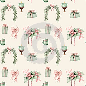 Watercolor vintage pink and light mint colored christmas clipart bundle