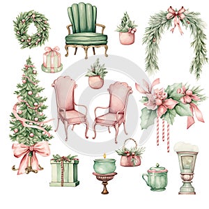 Watercolor vintage pink and light mint colored christmas clipart bundle