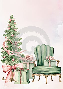 Watercolor vintage pink and light mint colored christmas clipart bundle