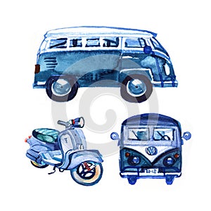 Watercolor vintage retro blue van and bike, isolated on white background