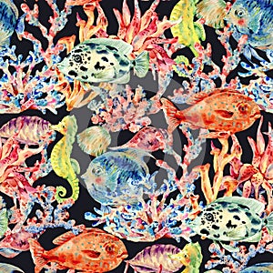 Watercolor vintage sea life natural seamless pattern