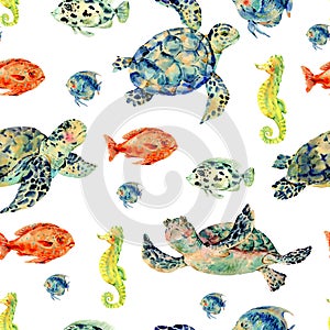 Watercolor vintage sea life natural seamless pattern