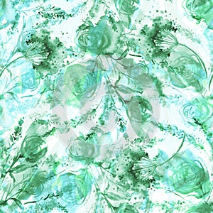 Watercolor vintage seamless pattern, floral pattern, green roses, buds, branch.  Plants, flowers, grass