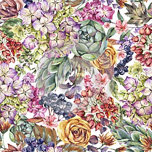 Watercolor vintage seamless pattern with hydrangeas, wildflowers, autumn leaves, blue berries, lavender