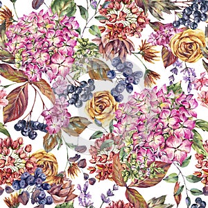 Watercolor vintage seamless pattern with hydrangeas, wildflowers, autumn leaves, blue berries, lavender. Natural botanical floral